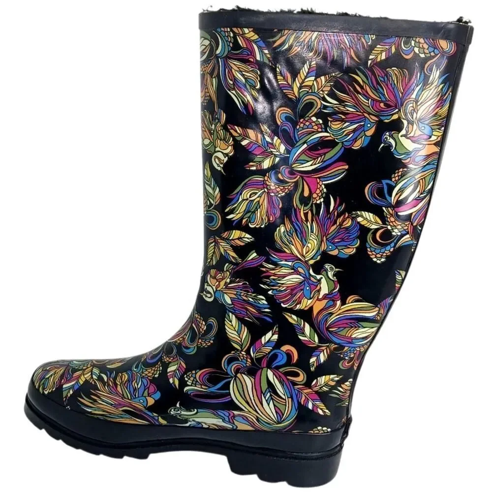Designer Sakroots Womens Black Rain Boots with Colorful Birds Designs - Size 8